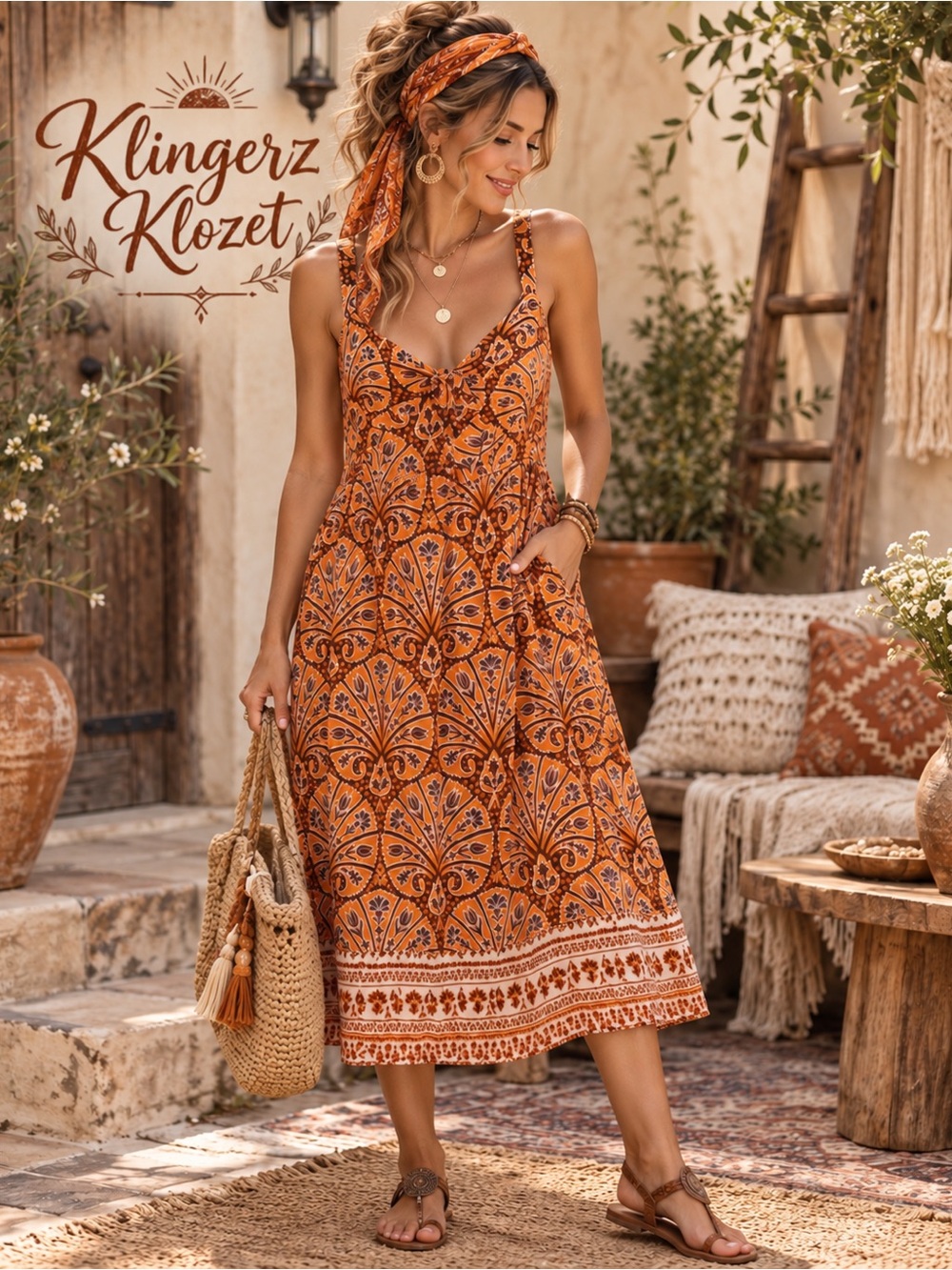 Knox Rose Boho Paisley Midi Dress Orange Brown XXL NWOT Pockets Adjustable Strap